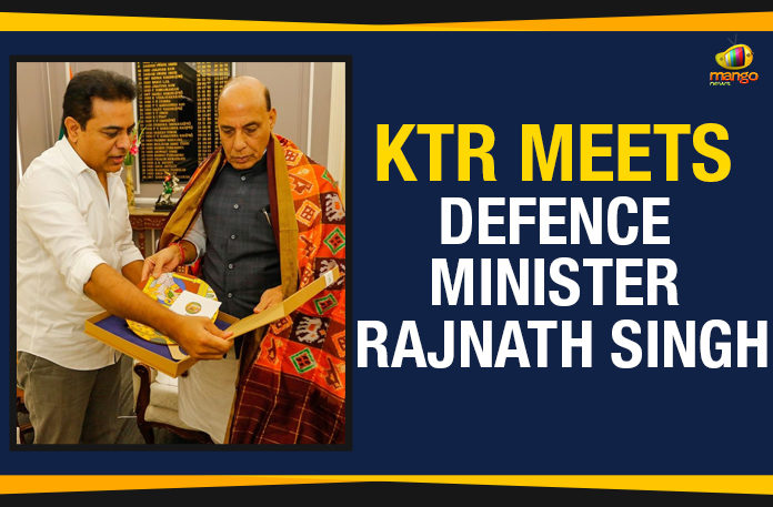 KTR-Meets-Defence-Minister-Rajnath-Singh Defense Minister Rajnath Singh, KTR Meets Defense Minister Rajnath Singh, KTR Meets Defense Minister Rajnath Singh In Delhi, KTR Meets Minister Rajnath Singh In Delhi, KTR Meets Rajnath Singh In Delhi, Mango News, Political Updates 2019, Telangana, Telangana Breaking News, Telangana Political Live Updates, Telangana Political Updates, Telangana