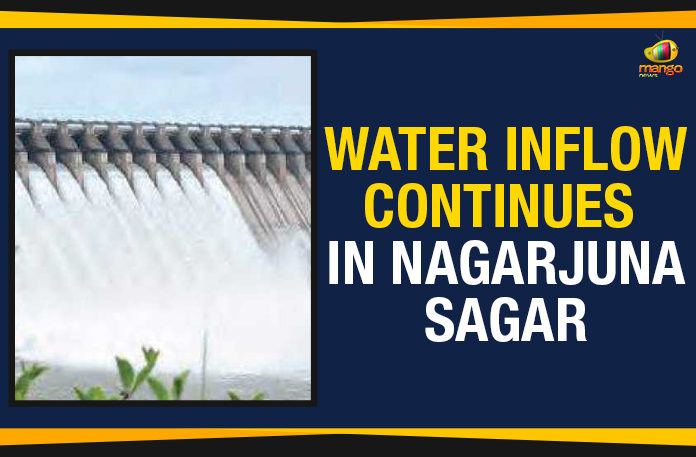 flood situation near Nagarjuna Sagar, Mango News, Nagarjuna Sagar in Telangana, Political Updates 2019, Telangana, Telangana Breaking News, Telangana Political Live Updates, Telangana Political Updates, Telangana Political Updates 2019, ten crest gates of Nagarjuna Sagar were opened, Water Inflow Continues In Nagarjuna Sagar, Water Inflow In Nagarjuna Sagar, water inflow is still continuing in Nagarjuna Sagar in Telangana