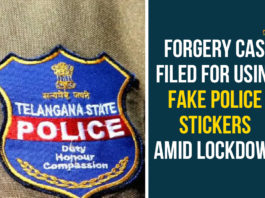 Fake Police Stickers, Forgery Case, Forgery Case Filed For Using Fake Police Stickers, nation wide lockdown, Telangana, Telangana Coronavirus, Telangana Coronavirus Deaths, Telangana Lockdown, Telangana Lockdown Issues, telangana lockdown updates
