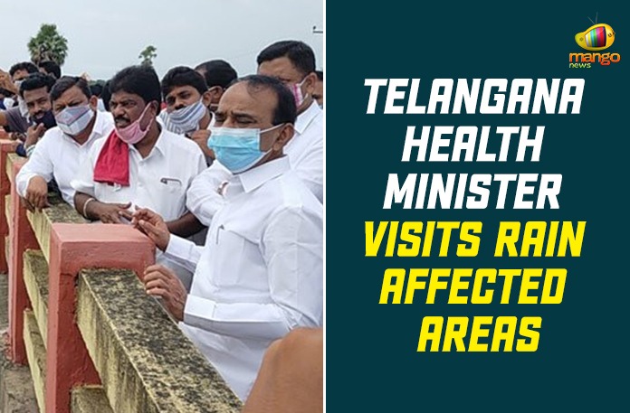 Telangana Health Minister Visits Rain Affected Areas Eatala Rajender, Health Minister Visits Rain Affected Areas, heavy rains in telangana, Telangana, Telangana Floods Live Updates, Telangana Health Minister, Telangana Rains, telangana rains news, telangana rains updates
