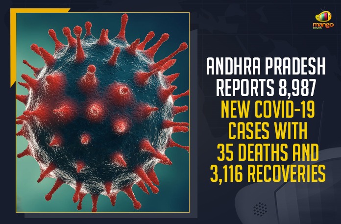 Andhra Pradesh Reports 8,987 New COVID-19 Cases With 35 Deaths And 3,116 Recoveries Andhra Pradesh, Andhra Pradesh COVID-19 Daily Bulletin, Andhra Pradesh Department of Health, ap coronavirus cases today, ap coronavirus cases total, ap coronavirus updates district wise, AP COVID 19 Cases, AP Total Positive Cases, COVID-19, COVID-19 Daily Bulletin, Total Corona Cases In AP,mango news