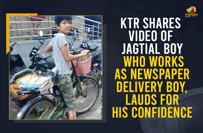 KTR Shares Video Of Jagtial Boy Who Works As Newspaper Delivery Boy, Lauds For His Confidence Confidence of Jagtial boy delivering news paper, Confidence of Jagtial boy delivering newspapers lauded by KTR, Confidence of Jagtial boy delivering newspapers praised, KTR, KTR appreciates Young Boy delivering Newspapers, KTR lauds Jagtial boy who delivers newspaper, KTR Shares Video Of Jagtial Boy Who Works As Newspaper, KTR Shares Video Of Jagtial Boy Who Works As Newspaper Delivery Boy, Mango News, Video of 12-year-old Telangana boy selling newspapers