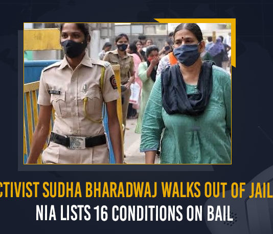 Activist Sudha Bharadwaj Walks Out Of Jail, Activist Sudha Bharadwaj Walks Out Of Jail NIA Lists 16 Conditions On Bail, Elgar case, Elgar Parishad case, FPJ Legal, Mango News, MangoNews, NIA Lists 16 Conditions On Bail, NIA’s Petition Challenging Sudha Bharadwaj’s Bail Orders, SC Rejects NIA Plea Challenging Sudha Bharadwaj Bail, Sudha Bharadwaj, Sudha Bharadwaj Elgar Parishad case, Sudha Bharadwaj Walks Out Of Jail, Sudha Bharadwaj’s Bail, Supreme Court rejects NIA