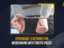 Hyderabad 5 Detained For Misbehaving With Traffic Police, 5 Detained For Misbehaving With Traffic Police, five youth were detained for misbehaving with a traffic police official, five youth were detained for creating a nuisance on the road, Misbehaving With Traffic Police, 5 Detained, five young men, traffic police official, Traffic Police, Hyderabad, Telangana, Police, Telangana Traffic Police, Mango News,