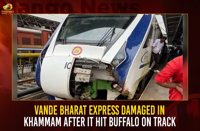 Vande Bharat Express Damaged In Khammam After It Hit Buffalo On Track Vande Bharat Express Damaged In Khammam After It Hit Buffalo On Track,Vande Bharat Express Damaged,Vande Bharat Hit Buffalo On Track,Vande Bharat Damaged In Khammam,Mango News,Vande Bharat train hits buffalo,Vande Bharat train had a near miss,Vande Bharat train's front portion damaged,Vande Bharat Train Suffers Damage,Vande Bharat Express Latest News,Vande Bharat Express Updates,Vande Bharat Express Latest News and Updates,Khammam Latest News