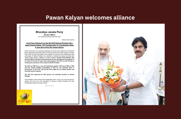 Pawan Kalyan welcomes Alliance BJP, TDP, JSP, Jana Sena, Pawan Kalyan, JP Nadda, Chandra Babu Naidu,Andhra Pradesh News Updates, AP Political News, AP Latest news and Updates, AP Politics, AP Elections,andhra pradesh,AP political news,Mango News