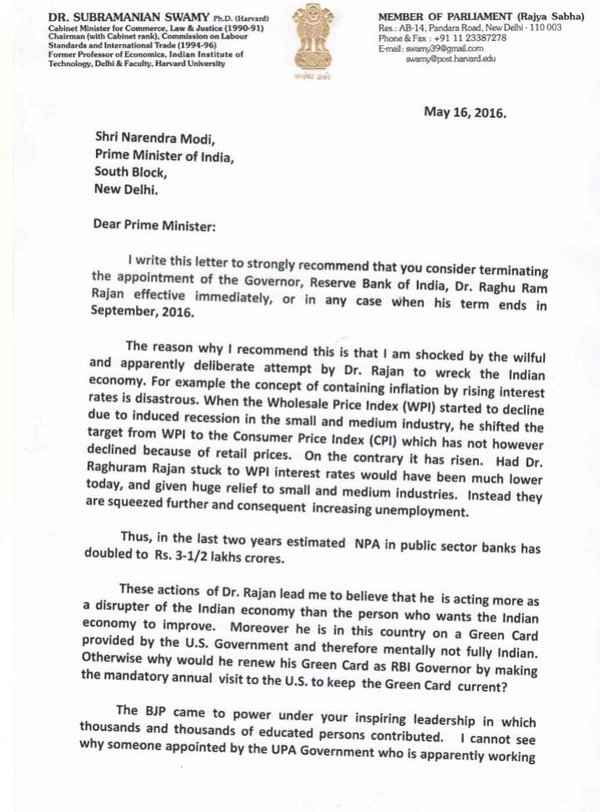 Terminate Raghuram Rajan as RBI Governor Subramanian Swamy writes to PM Modi