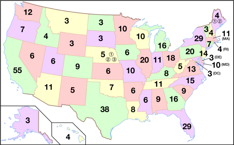 Number of electors from each state for the 2012, 2016 and 2020 presidential elections. 12 electoral votes changed between 18 states, based on the 2010 census. Eight states lost one electoral vote and two (New York & Ohio) each lost two electoral votes. Eight states gained electoral votes, six gained one electoral vote, Florida gained two & Texas gained four.