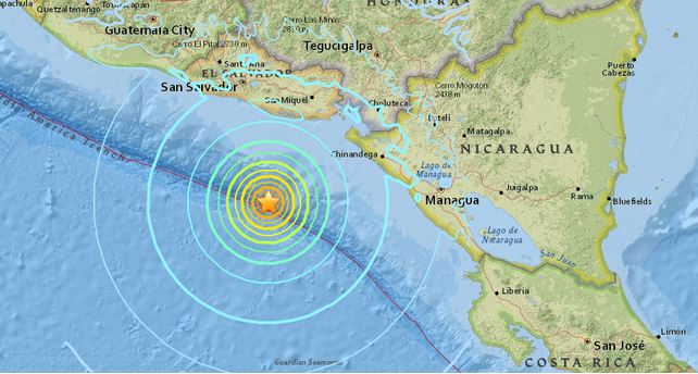 The Epicentre of earthquake on Thursday and effected areas of El Salvador and Nicaragua. 