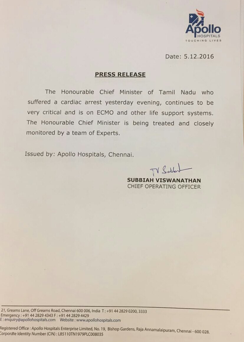 An official release by the Apollo Hospital Chennai