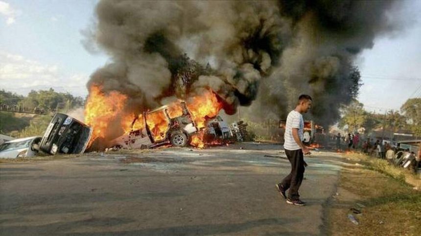 As many as 20 buses and several jeeps were burnt by the protesters.