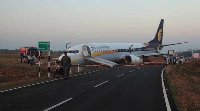 The Mumbai- bound Jet Airways plane veered off the runway at Goa Airport.