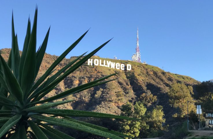 The vandalized Hollywood sign that reads 'Hollyweed'. 