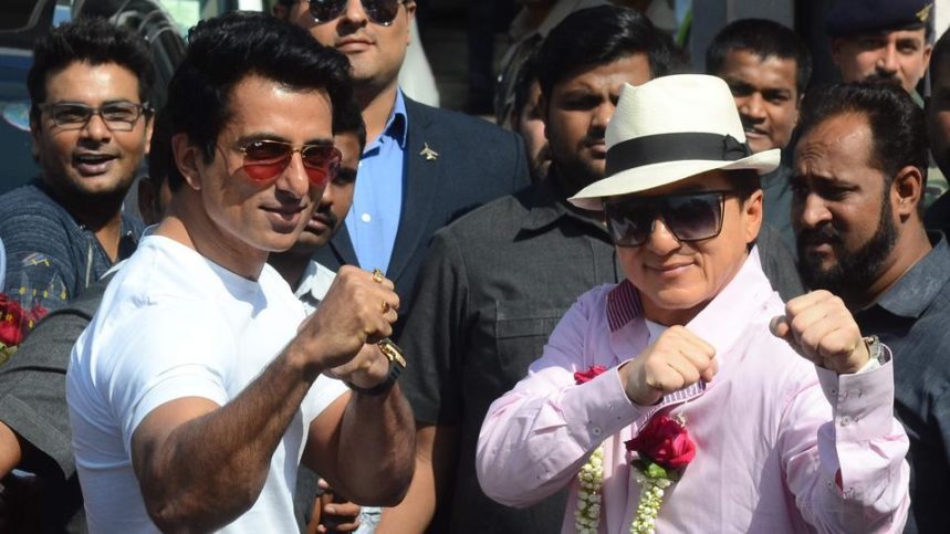 Jackie Chan with Sonu Sood in Mumbai promoting their next film together, 'Kung Fu Yoga'.