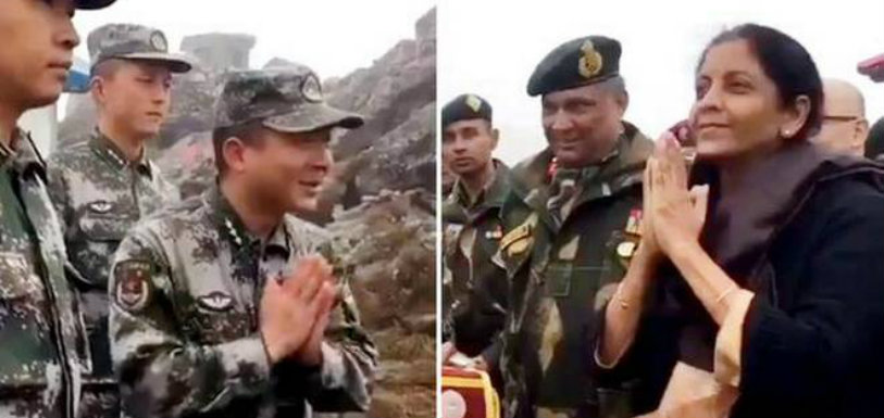 Defence Minister Teaches Chinese Soldiers Art of Namaste,Mango News,Chinese Soldiers Latest Breaking News,Defence Minister Nirmala Sitharaman Teaches Chinese Soldiers,Nirmala Sitharaman teaches Namaste to Chinese soldiers,Defence Minister Nirmala Sitharaman trip to Nathu La border in Sikkim