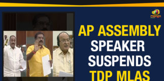 AP Assembly Speaker Suspends TDP MLAs, Speaker suspends 4 TDP MLAs for one day, TDP MLAs Suspended from Andhra Assembly, Mango News, AP Assembly Sessions, AP Budget Session, TDP MLAs suspension, Andhra Pradesh Assembly,