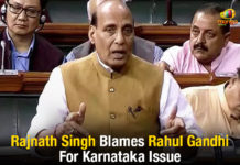 Rajnath Singh Blames Rahul Gandhi For Karnataka Issue Rajnath Singh Blames Rahul Gandhi For Karnataka Issue, #KarnatakaPoliticalCrisis, Rajnath Singh On Karnataka Crisis, Karnataka news live updates, Parliament live updates, Mango News, Rajnath Singh attacks Rahul Gandhi, Karnataka crisis latest news
