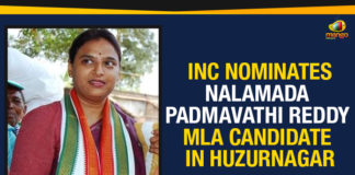 INC Nominates Nalamada Padmavathi Reddy MLA Candidate In Huzurnagar Congress Announces Padmavathi Reddy As Huzurnagar Candidate, Congress Party Announces Padmavathi Reddy As Huzurnagar Candidate, Huzurnagar Assembly Bypoll, Huzurnagar Assembly constituency bypoll, Huzurnagar constituency bypoll, INC Nominates Nalamada Padmavathi Reddy MLA Candidate In Huzurnagar, Padmavathi Reddy As Huzurnagar Candidate, Political Updates 2019, Telangana, Telangana Breaking News, Telangana Political Live Updates, Telangana Political Updates, Telangana Political Updates 2019