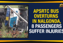 8 Passengers Suffer Injuries, Andhra Pradesh State Road Transport Corporation, AP Breaking News Today, APSRTC Bus Accident, APSRTC Bus Overturns, APSRTC Bus Overturns In Nalgonda, APSRTC Bus Overturns In Nalgonda 8 Passengers Suffer Injuries, Mango News, Nalgonda district, RTC Bus Overturns In Nalgonda, Settipalem of Vemulapally mandal, Telangana, Telangana Breaking News