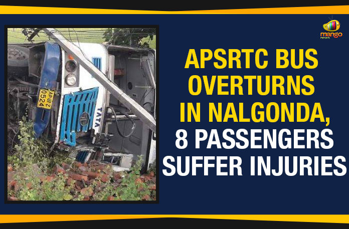 8 Passengers Suffer Injuries, Andhra Pradesh State Road Transport Corporation, AP Breaking News Today, APSRTC Bus Accident, APSRTC Bus Overturns, APSRTC Bus Overturns In Nalgonda, APSRTC Bus Overturns In Nalgonda 8 Passengers Suffer Injuries, Mango News, Nalgonda district, RTC Bus Overturns In Nalgonda, Settipalem of Vemulapally mandal, Telangana, Telangana Breaking News
