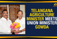 Agriculture Minister of Telangana, Chemicals and Fertilizers Minister of India, D.V. Sadananda Gowda, Mango News, Political Updates 2019, Singireddy Niranjan Reddy, Telangana, Telangana Agriculture Minister Meets Union Minister, Telangana Agriculture Minister Meets Union Minister Gowda, Telangana Breaking News, Telangana Political Live Updates, Telangana Political Updates, Telangana Political Updates 2019