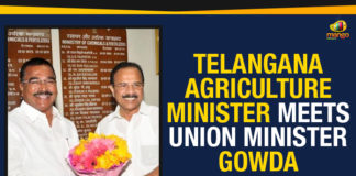 Agriculture Minister of Telangana, Chemicals and Fertilizers Minister of India, D.V. Sadananda Gowda, Mango News, Political Updates 2019, Singireddy Niranjan Reddy, Telangana, Telangana Agriculture Minister Meets Union Minister, Telangana Agriculture Minister Meets Union Minister Gowda, Telangana Breaking News, Telangana Political Live Updates, Telangana Political Updates, Telangana Political Updates 2019