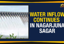 Water Inflow Continues In Nagarjuna Sagar flood situation near Nagarjuna Sagar, Mango News, Nagarjuna Sagar in Telangana, Political Updates 2019, Telangana, Telangana Breaking News, Telangana Political Live Updates, Telangana Political Updates, Telangana Political Updates 2019, ten crest gates of Nagarjuna Sagar were opened, Water Inflow Continues In Nagarjuna Sagar, Water Inflow In Nagarjuna Sagar, water inflow is still continuing in Nagarjuna Sagar in Telangana