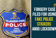 Fake Police Stickers, Forgery Case, Forgery Case Filed For Using Fake Police Stickers, nation wide lockdown, Telangana, Telangana Coronavirus, Telangana Coronavirus Deaths, Telangana Lockdown, Telangana Lockdown Issues, telangana lockdown updates