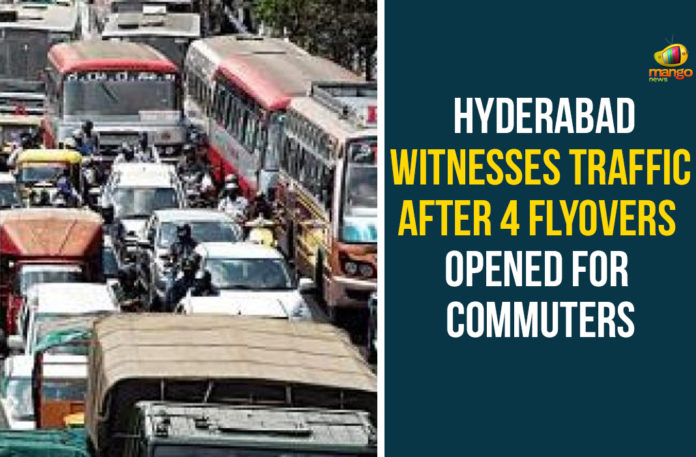 Hyderabad-Witnesses-Traffic-After-4-Flyovers-Opened-For-Commuters begumpet, Chief Minister of Telangana, Gachibowli, Hitec City, Hyderabad, Hyderabad Flyovers, Hyderabad Flyovers Traffic, Hyderabad Traffic, Hyderabad Witnesses Traffic After 4 Flyovers Opened, Kukatpally, Madhapur, Miyapur, Punjagutta, Telangana