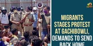 Gachibowli, Hyderabad, migrant workers, Migrant Workers Issue, Migrant Workers Protest, Migrants Demands To Send Back Home, Migrants Protest, Migrants Protest At Gachibowli, Migrants Stages Protest, Migrants Stages Protest At Gachibowli, Telangana
