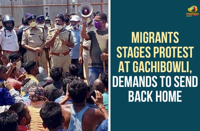 Gachibowli, Hyderabad, migrant workers, Migrant Workers Issue, Migrant Workers Protest, Migrants Demands To Send Back Home, Migrants Protest, Migrants Protest At Gachibowli, Migrants Stages Protest, Migrants Stages Protest At Gachibowli, Telangana