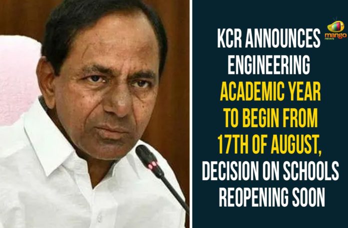 KCR Announces Engineering Academic Year To Begin From 17th of August, Decision On Schools Reopening Soon CM KCR, CM KCR Held an Extended Meeting on the Education Sector, degree pg exams, Degree PG Exams in Telangana, KCR Meeting on the Education Sector, Telangana Degree PG Exams, Telangana Engineering, Telangana Engineering Exams
