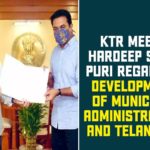 Delhi, KT Rama Rao meets Union Minister Hardeep Puri, KTR, KTR Delhi Tour, KTR meets aviation minister Hardeep Singh, KTR meets Union Minister on central funds, Minister KTR Meets Unioin Minister, Minister KTR Meets Unioin Minister Hardeep Singh, Revive Warangal airport, Unioin Minister Hardeep Singh Puri