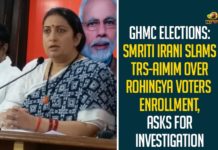 GHMC Elections: Smriti Irani Slams TRS-AIMIM Over Rohingya Voters Enrollment, Asks For Investigation BJP GHMC Elections Campaign, GHMC, GHMC Elections, GHMC Elections 2020, GHMC Elections Campaign, GHMC Elections Campaigning, GHMC Elections News, GHMC Elections Updates, Mango News, Rohingya Voters Enrollment, Smriti Irani, Smriti Irani BJP Star Campaigner, Smriti Irani Slams TRS-AIMIM, union minister, Union Minister Smriti Irani, Union Minister Smriti Irani GHMC Elections Campaign