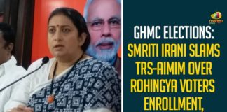 BJP GHMC Elections Campaign, GHMC, GHMC Elections, GHMC Elections 2020, GHMC Elections Campaign, GHMC Elections Campaigning, GHMC Elections News, GHMC Elections Updates, Mango News, Rohingya Voters Enrollment, Smriti Irani, Smriti Irani BJP Star Campaigner, Smriti Irani Slams TRS-AIMIM, union minister, Union Minister Smriti Irani, Union Minister Smriti Irani GHMC Elections Campaign