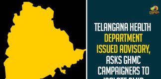 Telangana Health Department Issued Advisory, Asks GHMC Campaigners To Isolate Amid COVID-19 Wave,Telangana Health Department,COVID-19,GHMC Voters,GHMC Campaign,GHMC Campaign Advised To Self-Isolate For One Week,Isolate,All Involved In GHMC Campaign Advised To Self-Isolate,Hyderabad,All Involved In GHMC Polls To Self-Isolate For One Week,Mango News,GHMC Elections 2020,GHMC,GHMC Elections,GHMC Voters Isolate For A Week,All Involved In GHMC Campaign Advised To Self-Isolate,GHMC Campaigners To Isolate Amid COVID-19 Wave