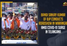 Bandi Sanjay Kumar Of BJP, Bandi Sanjay Kumar Of BJP Conducts Roadshow, Bandi Sanjay Kumar Of BJP Conducts Roadshow In Warangal, Bandi Sanjay Kumar Of BJP Conducts Roadshow In Warangal Amid COVID-19 Surge, Bandi Sanjay Kumar Of BJP Conducts Roadshow In Warangal Amid COVID-19 Surge In Telangana, Bandi Sanjay Kumar Roadshow, Bandi Sanjay Kumar Roadshow In Warangal, Greater Warangal Municipal Corporation, GWMC Elections, Mango News, President of the Bharatiya Janata Party Telangana, Telangana, Warangal, Warangal Municipal Elections