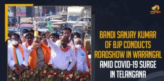 Bandi Sanjay Kumar Of BJP, Bandi Sanjay Kumar Of BJP Conducts Roadshow, Bandi Sanjay Kumar Of BJP Conducts Roadshow In Warangal, Bandi Sanjay Kumar Of BJP Conducts Roadshow In Warangal Amid COVID-19 Surge, Bandi Sanjay Kumar Of BJP Conducts Roadshow In Warangal Amid COVID-19 Surge In Telangana, Bandi Sanjay Kumar Roadshow, Bandi Sanjay Kumar Roadshow In Warangal, Greater Warangal Municipal Corporation, GWMC Elections, Mango News, President of the Bharatiya Janata Party Telangana, Telangana, Warangal, Warangal Municipal Elections