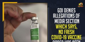GoI Denies Allegations Of Media Section Which Says,No Fresh COVID-19 Vaccine Order Has Been Placed,Mango News,Government Of India Denied Media Reports,Coronavirus,COVID-19 Vaccine,Coronavirus Vaccine,Coronavirus In India,Coronavirus India Live Updates,Coronavirus Live Updates,COVID-19,COVID-19 Daily Bulletin,Covid-19 In India,Covid-19 Latest Updates,COVID-19 New Live Updates,India Coronavirus,India COVID-19,Coronavirus Updates,Coronavirus Latest News Updates,Coronavirus Live Updates In India,Government Of India,GoI Denies Allegations Of Media Section,GoI Denies Reports Of Media Section,Government On No Fresh Vaccine Orders Reports,GoI On No Fresh Vaccine Orders Reports,GoI Rubbishes Reports Claiming No New Vaccines Orders,COVID Vaccine,COVID-19 Vaccination