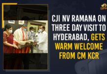 CJI NV Ramana On Three Day Visit To Hyderabad, Gets Warm Welcome From CM KCR CJI NV Ramana On Three Day Visit To Hyderabad, CJI NV Ramana On Three Day Visit To Hyderabad Gets Warm Welcome From CM KCR, CJI NV Ramana Visit To Hyderabad, CJI Ramana accorded warm welcome in Hyderabad, CJI Ramana accorded warm welcome on three-day visit, CJI Ramana arrives in Hyderabad, Grand welcome to CJI NV Ramana in Hyderabad, Justice NV Ramana India, Mango News, NV Ramana