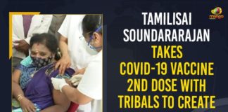 covid 19 vaccine, COVID-19 Vaccination, COVID-19 Vaccine 2nd Dose, Governor of Telangana, Governor Tamilisai Soundararajan, Mango News, Soundararajan Takes COVID-19 Vaccine 2nd Dose With Tribals, Tamilisai Soundararajan, Tamilisai Soundararajan Takes COVID-19 Vaccine 2nd Dose, Tamilisai Soundararajan Takes COVID-19 Vaccine 2nd Dose With Tribals, Tamilisai Soundararajan Takes COVID-19 Vaccine 2nd Dose With Tribals To Create Vaccination Awareness, Telangana Governor takes second dose of COVID