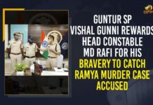 Guntur SP Vishan Gunni Rewards Head Constable Md Rafi For His Bravery To Catch Ramya Murder Case Accused 10 Lakh Cheque to Family of Ramya, B.Tech Student Murder, BTech student stabbed to death on road in Guntur, Constable Rafi who Caught Accused in Guntur Ramya Incident, guntur b tech student murder case, Guntur Murder, Guntur Ramya Incident, guntur ramya murder case, Head Constable Rafi who Caught Accused in Guntur Ramya Incident, Mango News, Ramya Murder, Ramya Murder Case, SP Vishal Gunni, SP Vishal Gunni Appreciates Head Constable Rafi who Caught Accused, SP Vishal Gunni Appreciates Head Constable Rafi who Caught Accused in Guntur Ramya Incident