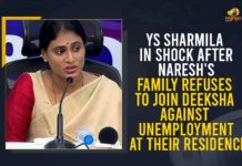 YS Sharmila In Shock After Naresh’s Family Refuses To Join Deeksha Against Unemployment At Their Residence Mango News, Nirudyoga Nirahara Deeksha, protest against unemployment in Telangana, YS Sharmila In Shock After Naresh’s Family Refuses To Join Deeksha Against Unemployment, YS Sharmila In Shock After Naresh’s Family Refuses To Join Deeksha Against Unemployment At Their Residence, YS Sharmila Nirudyoga Nirahara Deeksha, YS Sharmila On Hunger Strike, ys sharmila protest against unemployment in Telangana, YSR Telangana Party, YSRTP, YSRTP Chief YS Sharmila Nirudyoga Nirahara Deeksha