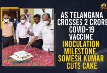 As Telangana Crosses 2 Crore COVID-19 Vaccine Inoculation Milestone, Somesh Kumar Cuts Cake Corona Vaccination Programme, COVID 19 Vaccine, Covid Vaccination, Covid-19 Vaccination, Covid-19 Vaccine Distribution, Distribution For Covid-19 Vaccine, Mango News, Telangana Covid-19 Vaccination Coverage Crosses 2 Cr Today, Telangana Cumulative Covid-19 Vaccination, Telangana Cumulative Covid-19 Vaccination Coverage, Telangana Cumulative Covid-19 Vaccination Coverage Crosses 2 Cr Today, Vaccine Distribution