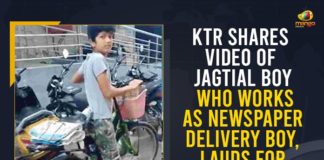Confidence of Jagtial boy delivering news paper, Confidence of Jagtial boy delivering newspapers lauded by KTR, Confidence of Jagtial boy delivering newspapers praised, KTR, KTR appreciates Young Boy delivering Newspapers, KTR lauds Jagtial boy who delivers newspaper, KTR Shares Video Of Jagtial Boy Who Works As Newspaper, KTR Shares Video Of Jagtial Boy Who Works As Newspaper Delivery Boy, Mango News, Video of 12-year-old Telangana boy selling newspapers