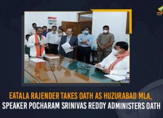 Big embarassment for speaker as Etela takes oath as MLA, BJP Leader Eatala Rajender, BJP Leader Eatala Rajender Speech, BJP Leader Eatala Rajender Takes Oath as MLA, BJP Leader Eatala Rajender Takes Oath as MLA Today, Eatala Rajender, Eatala Rajender News, Eatala Rajender Takes Oath as MLA, Ex-Minister Eatala Rajender takes oath as BJP MLA, Focus on assembly polls, Mango News, Pocharam Srinivas Reddy, Speaker Pocharam Srinivas Reddy