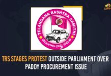 TRS Stages Protest Outside Parliament Over Paddy Procurement Issue TRS Stages Protest Outside Parliament Over Paddy Procurement Issue
