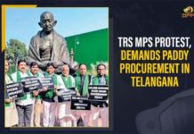 TRS MPs Protest, Demands Paddy Procurement In Telangana Demands Paddy Procurement, Mango News, MPs protest in Lok Sabha demanding paddy Procurement, Paddy procurement In Telangana, Paddy procurement issue, Telangana, Telangana paddy procurement, TRS disrupts parliament for third day over paddy, TRS MPs demand uniform procurement policy, TRS MPs Protest, TRS MPs Protest Demands Paddy Procurement In Telangana, TRS MPs protest in Lok Sabha demanding paddy Procurement, TRS MPs Protest Over Paddy Procurement Issue