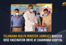 BJP Demands Resignation Of Telangana Health Minister, Booster Dose, Booster Dose Vaccination Drive, Booster doses, Booster doses against COVID, Booster doses for senior citizens, Booster doses for senior citizens launched, Booster doses for senior citizens launched in Telangana, Charminar Hospital, COVID-19 booster shot for people over 60 years, Mango News, Telangana Health Minister, Telangana Health Minister Launches Booster Dose, Telangana Health Minister Launches Booster Dose Vaccination Drive, Telangana Health Minister Launches Booster Dose Vaccination Drive At Charminar Hospital, Vaccination Drive