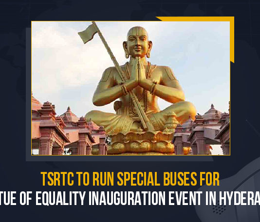 TSRTC To Run Special Buses For Statue Of Equality Inauguration Event In Hyderabad, TSRTC To Run Special Buses For Statue Of Equality Inauguration Event, Statue Of Equality Inauguration Event, Statue Of Equality Inauguration Event Latest News, Statue Of Equality Inauguration Event Latest Updates, Statue Of Equality Inauguration Event Live Updates, Free bus services For Statue Of Equality Inauguration Event, Statue Of Equality Inauguration Event In Hyderabad, Telangana State Road Transport Corporation, 216 feet tall statue of 11th-century reformer and Vaishnavite saint Ramanujacharyulu, Statue Of Equality, Mango News, Statue Of Equality Inauguration Event In Telangana, Statue Of Equality Inauguration Event In Shamshabad, Statue of Equality is located in a 45-acre complex at Shamshabad, 45-acre complex, 216 feet tall statue, 216 feet tall statue of Vaishnavite saint Ramanujacharyulu, Vaishnavite saint Ramanujacharyulu,